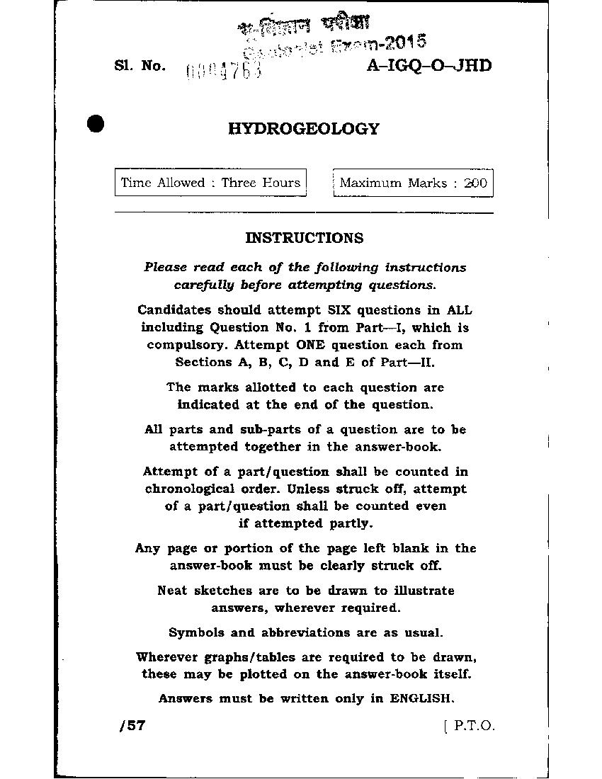 UPSC CGGE 2015 Question Paper Hydrogeology - Page 1