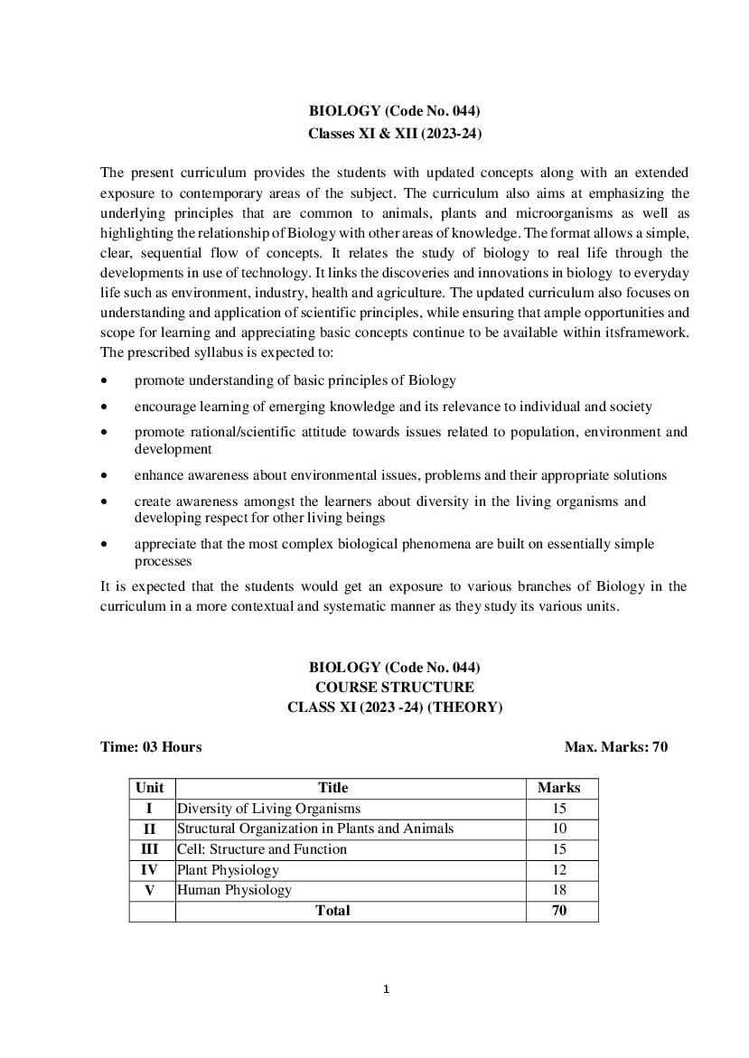 CBSE Class 11 Class 12 Syllabus 2023-24 Biology - Page 1