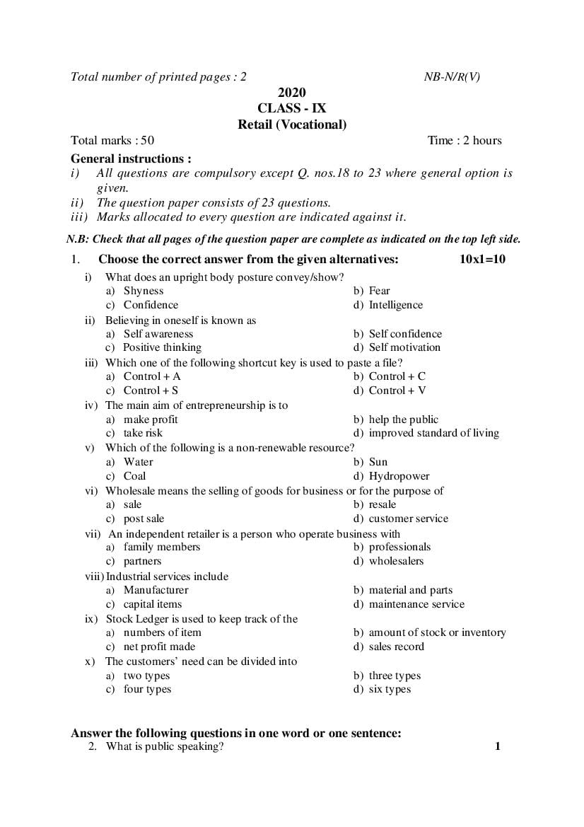 NBSE Class 9 Question Paper 2020 Retail - Page 1