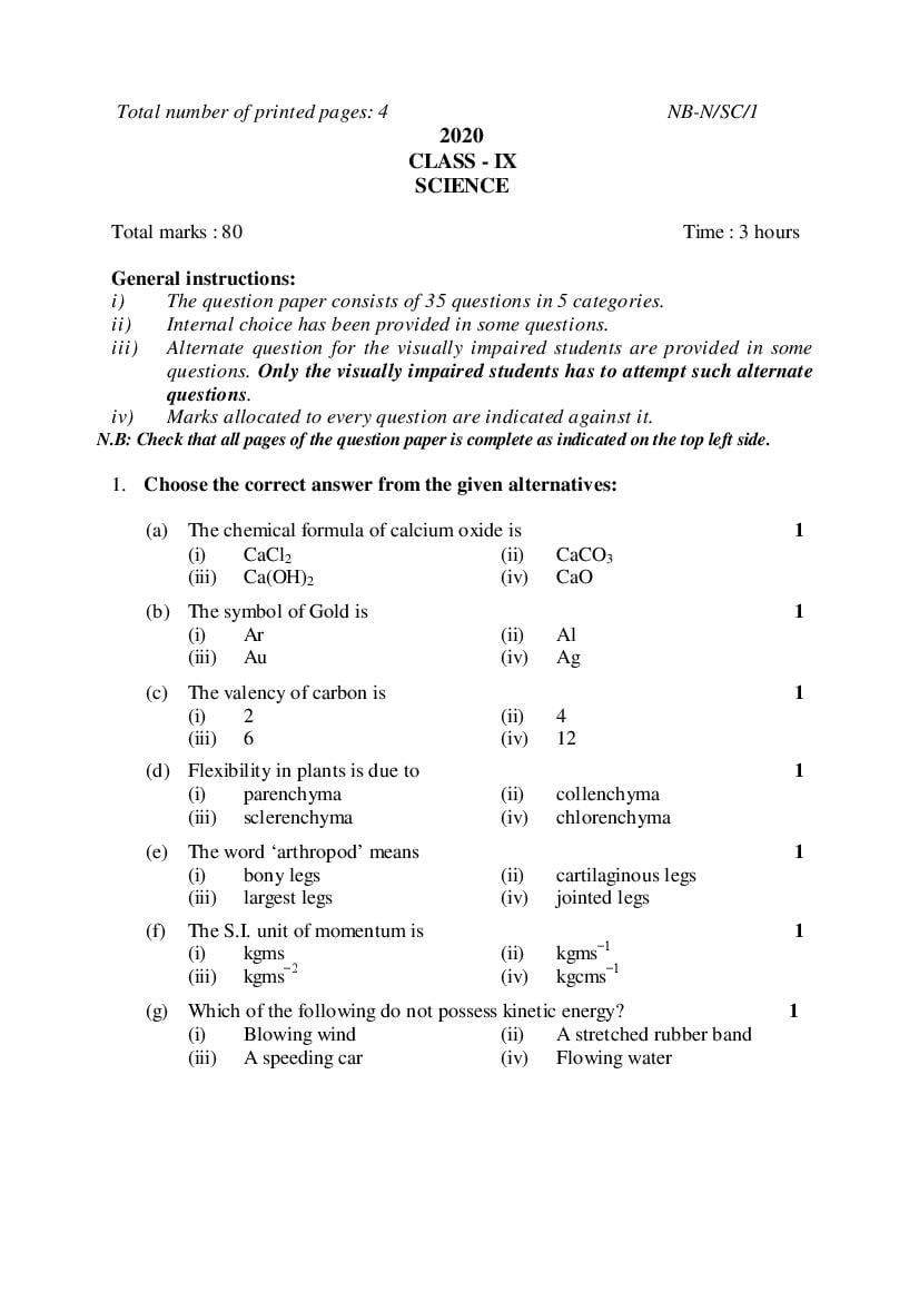 NBSE Class 9 Question Paper 2020 Science - Page 1