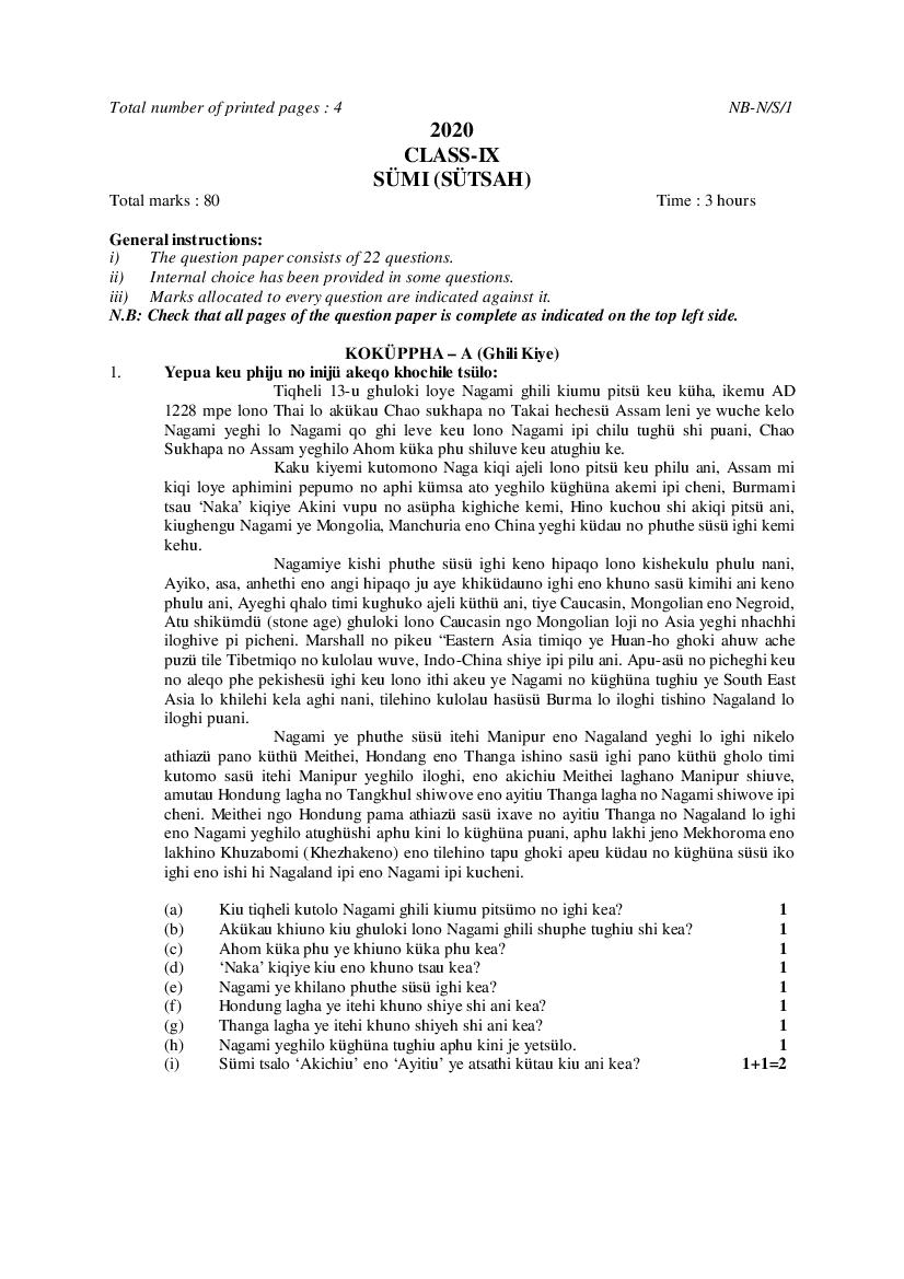 NBSE Class 9 Question Paper 2020 Sumi - Page 1