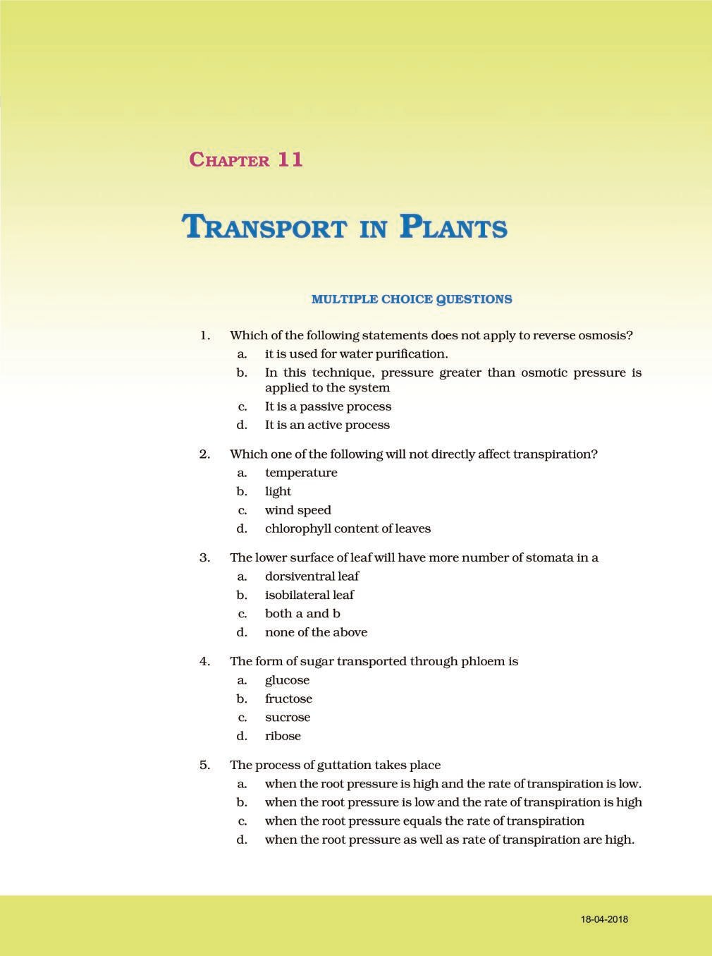 NCERT Exemplar Class 11 Biology chapter 11 Transport in plants - Page 1