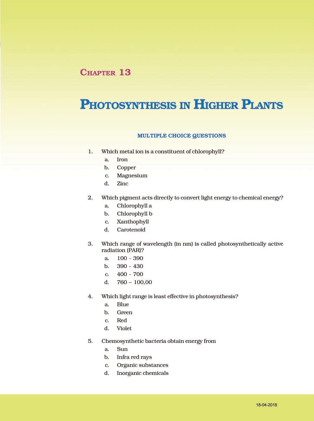 NCERT Exemplar Class 11 Biology Chapter 13 Photosynthesis in higher plants. - Page 1