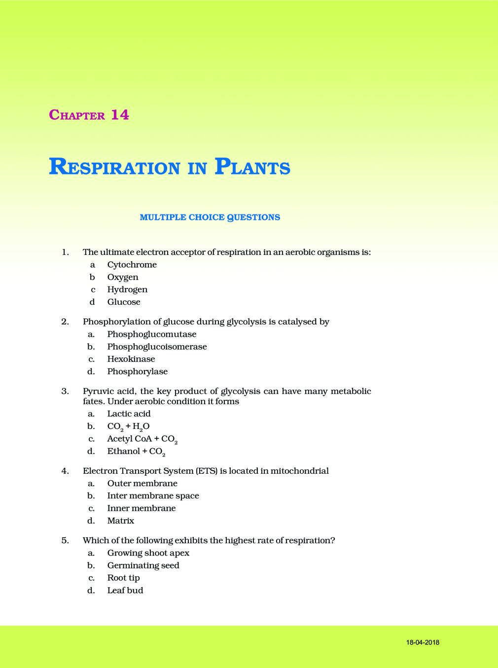 NCERT Exemplar Class 11 Biology chapter 14 Respiration in plants - Page 1