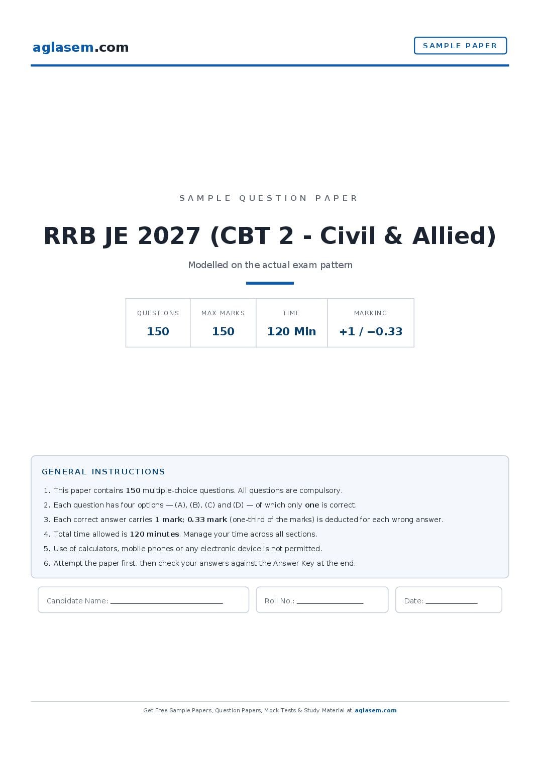 RRB JE 2027 Sample Paper (CBT 2 - Civil & Allied) - Page 1 of 18