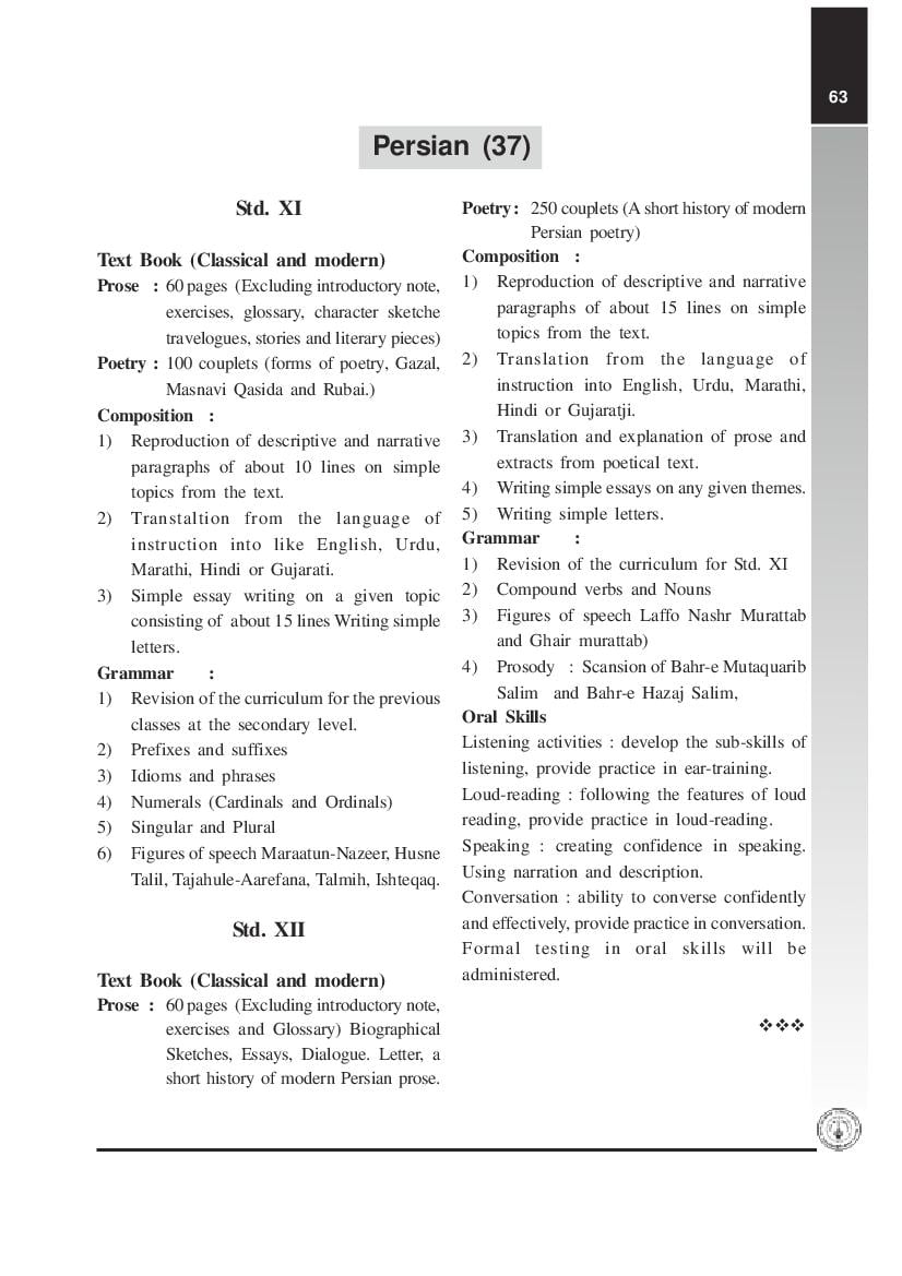 Maharashtra HSC Syllabus 2022 Persian - Page 1