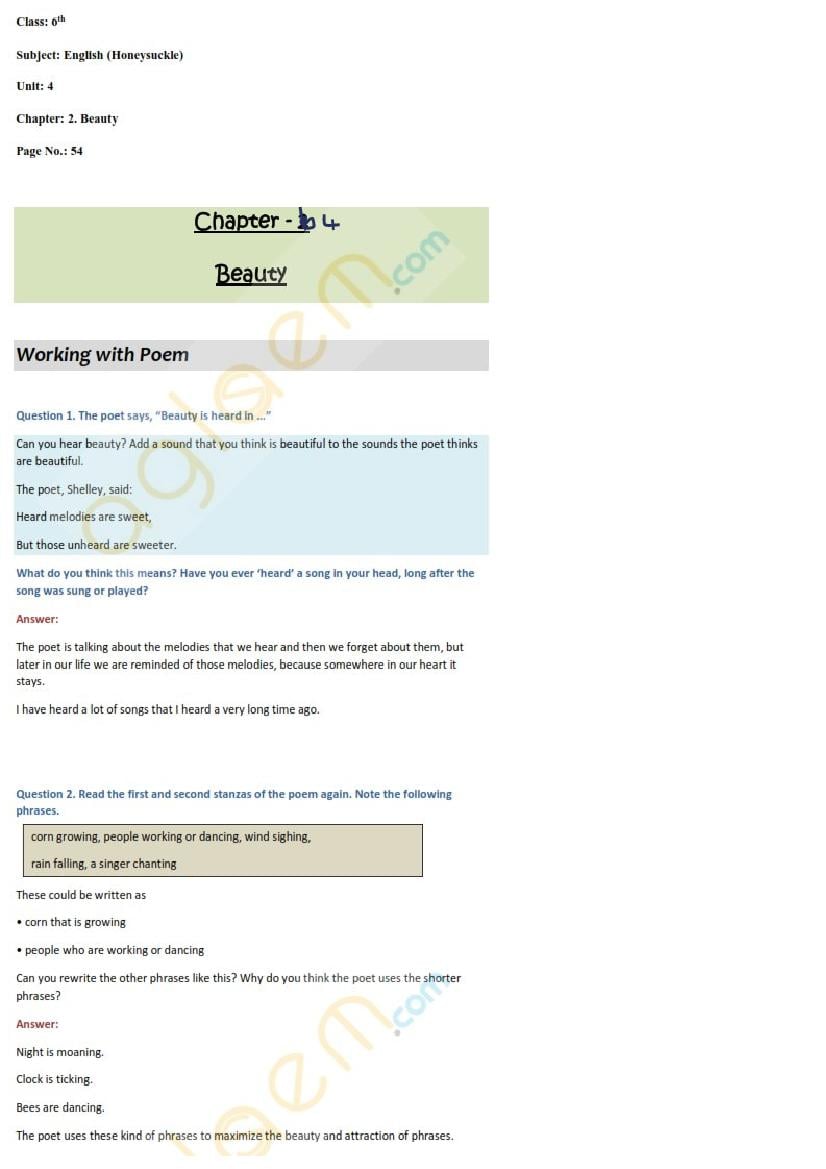 NCERT Solutions Class 6 English HoneySuckle Chapter 4 Beauty