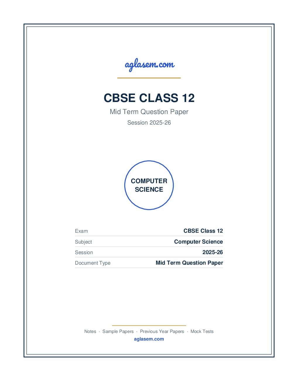 Class 12 Mid Term Question Paper 2025-26 Computer Science - Page 1 of 8