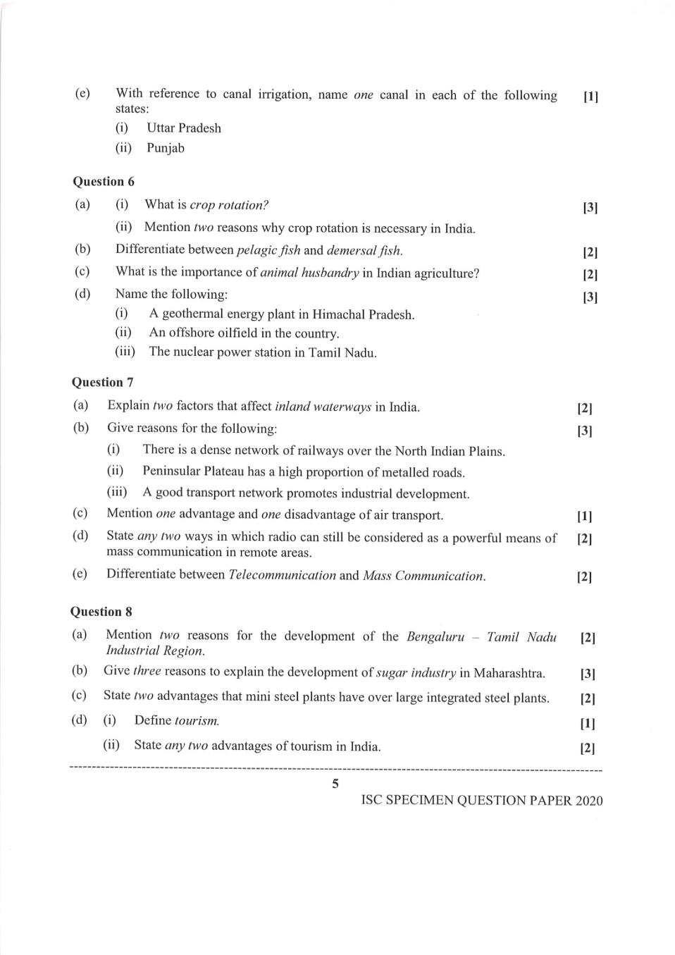 ISC Class 12 Sample Paper 2020 Geography Specimen Question Paper