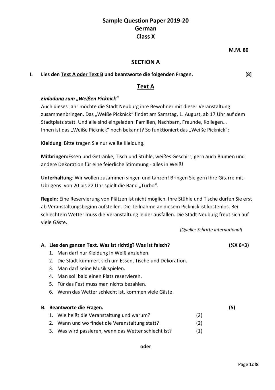 CBSE Class 10 Sample Paper 2020 for German - Page 1