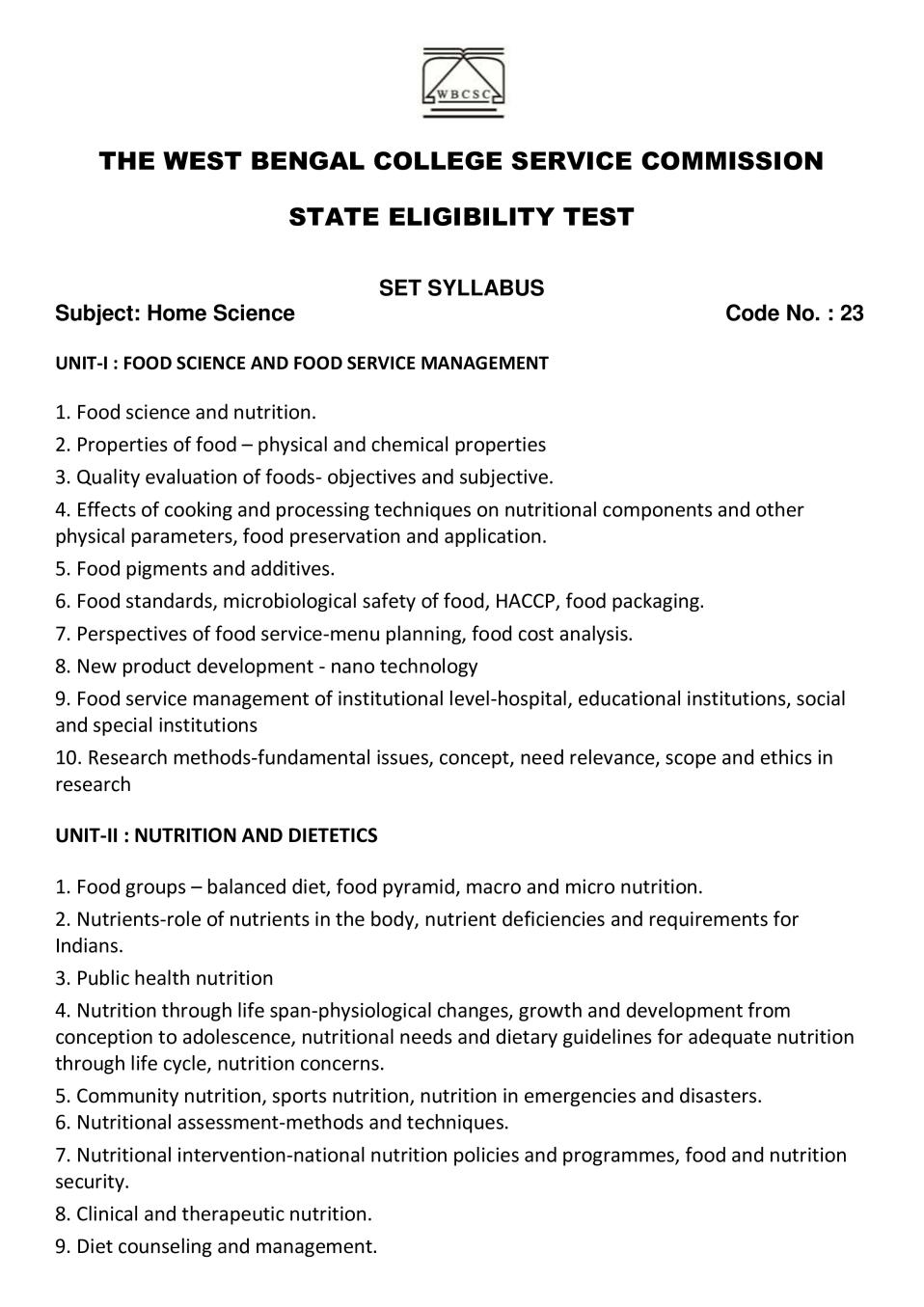 WB SET Syllabus for Home Science - Page 1
