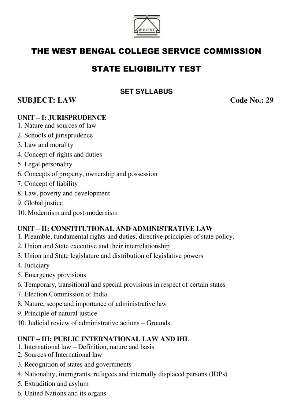 WB SET Syllabus for Law - Page 1