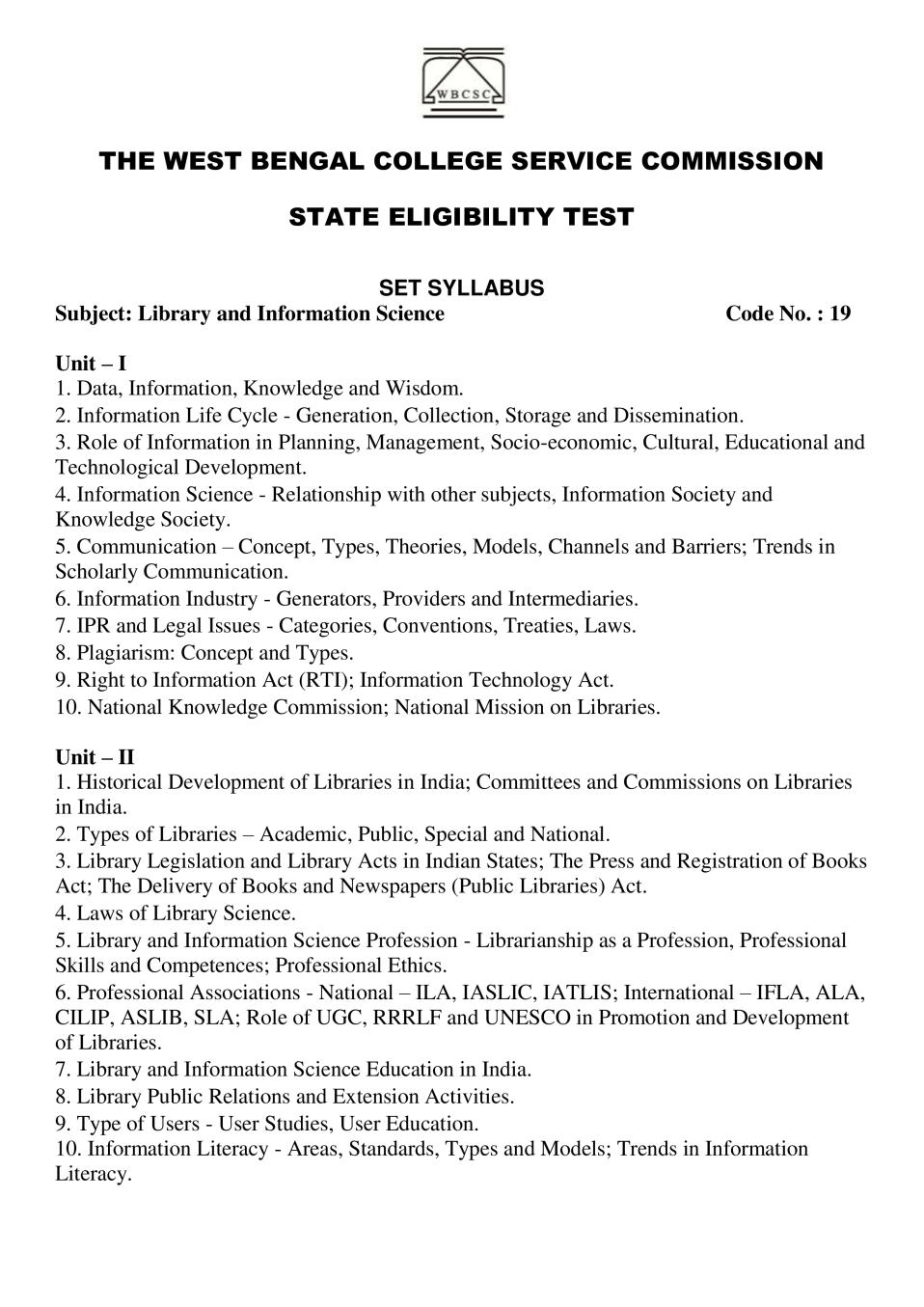 WB SET Syllabus for Library And Information Science - Page 1