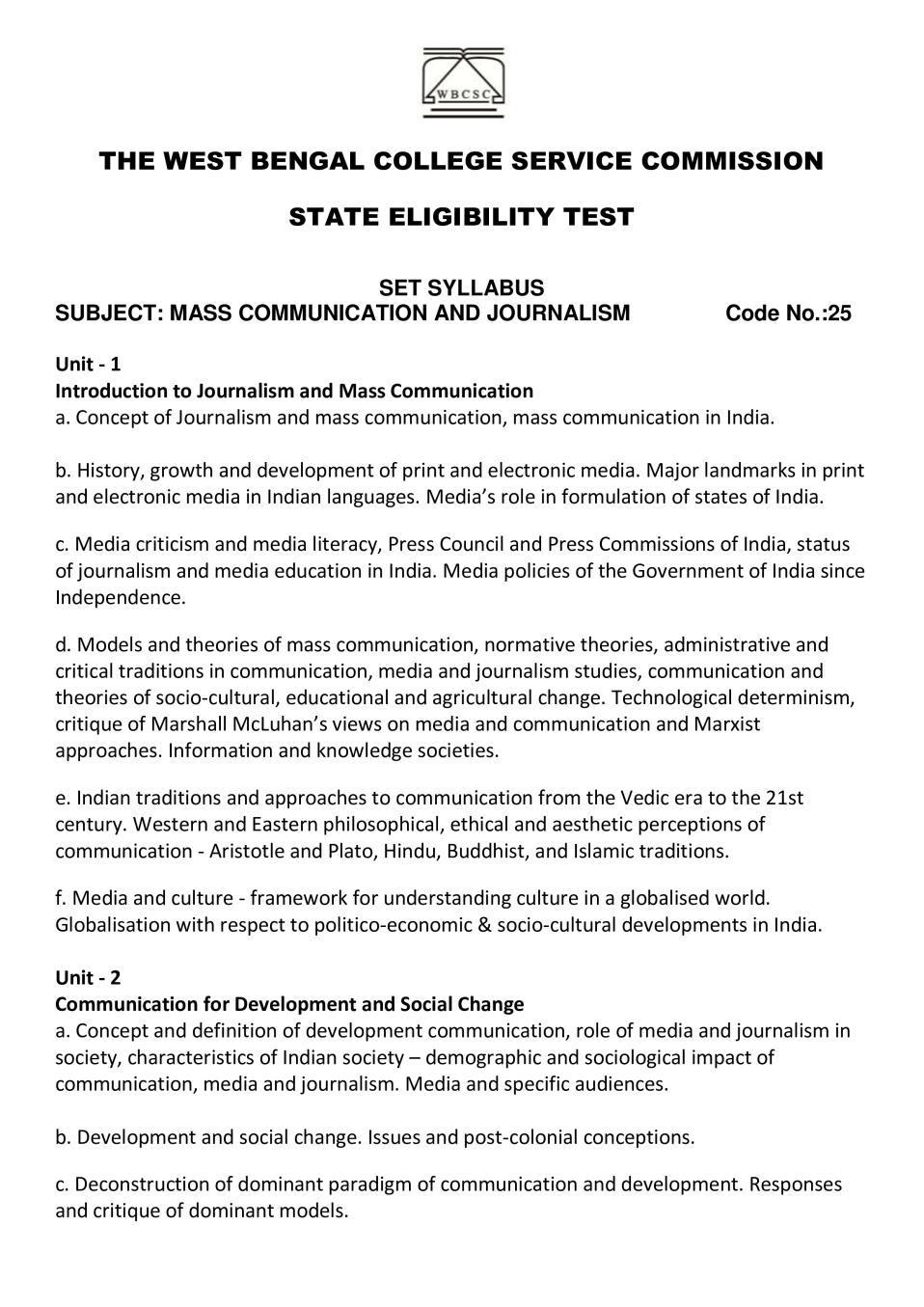 WB SET Syllabus for  Mass Communication And Journalism - Page 1