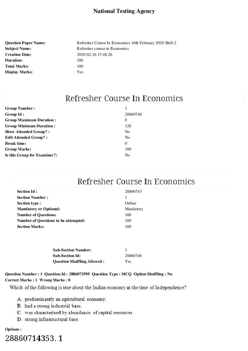 ARPIT 2020 Question Paper for Refresher course in Economics Shift 2 - Page 1
