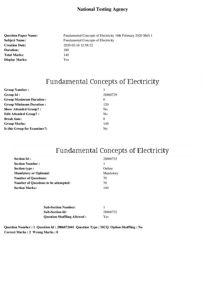 ARPIT 2020 Question Paper for Fundamental Concepts of Electricity - Page 1 of 41