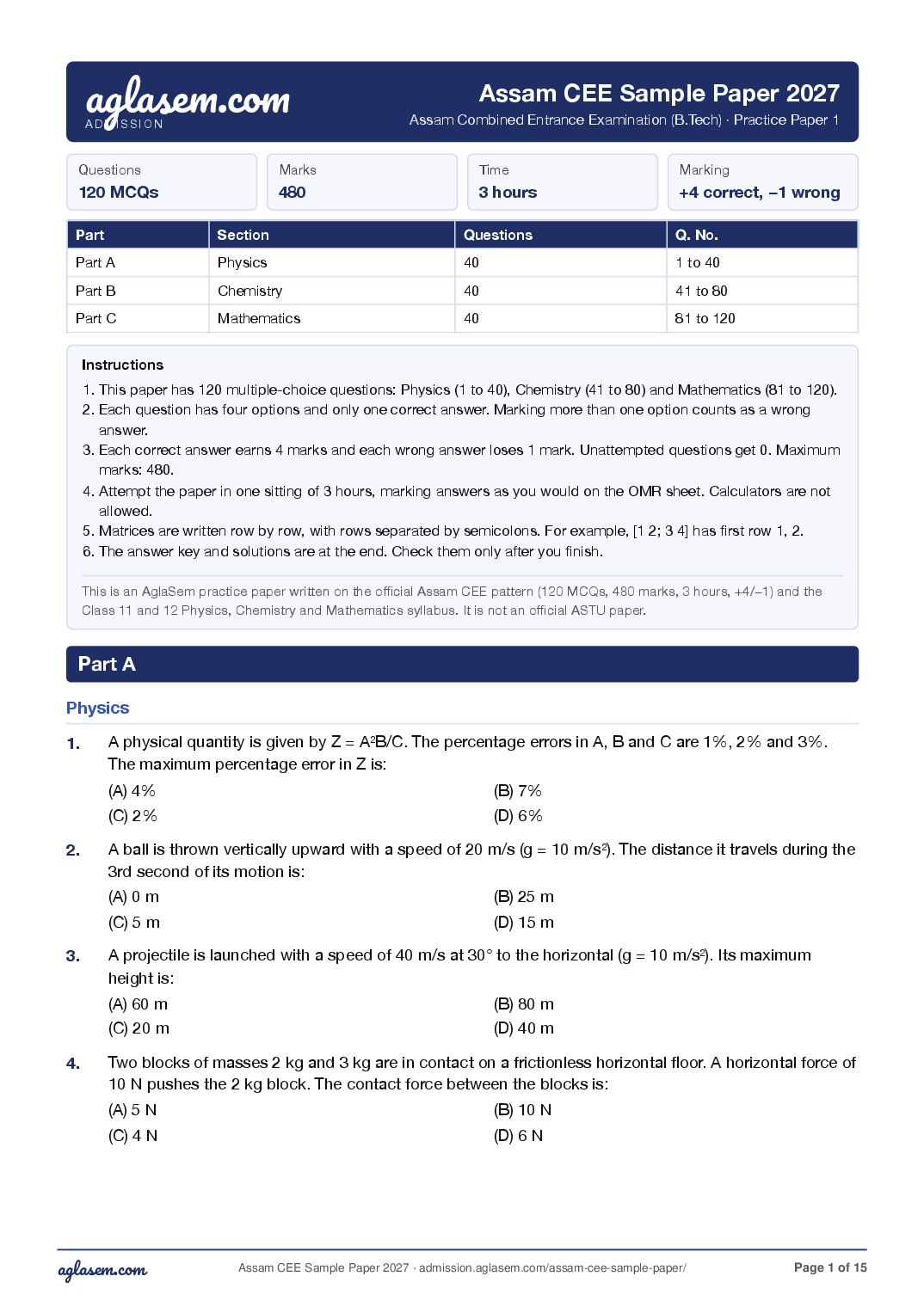 Assam CEE 2027 Sample Paper - Page 1 of 15