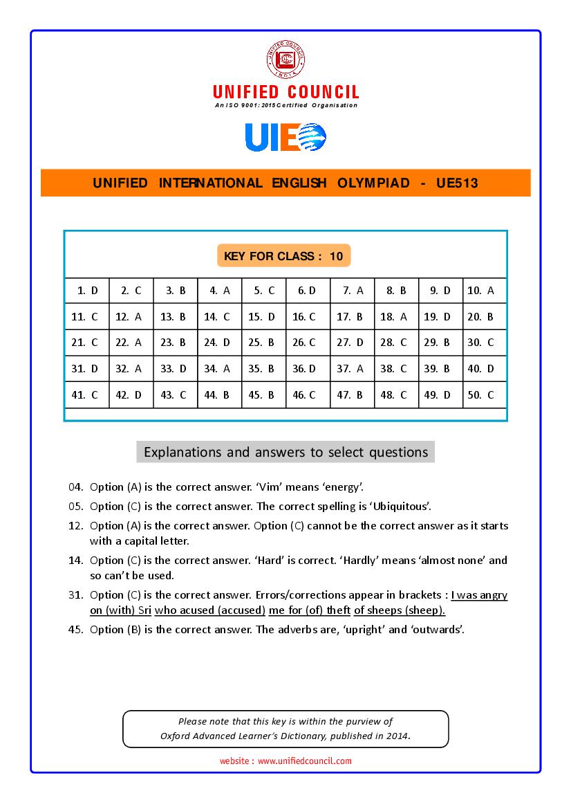 UIEO 2021 Answer Key for Class 10 Code-UE513 - Page 1
