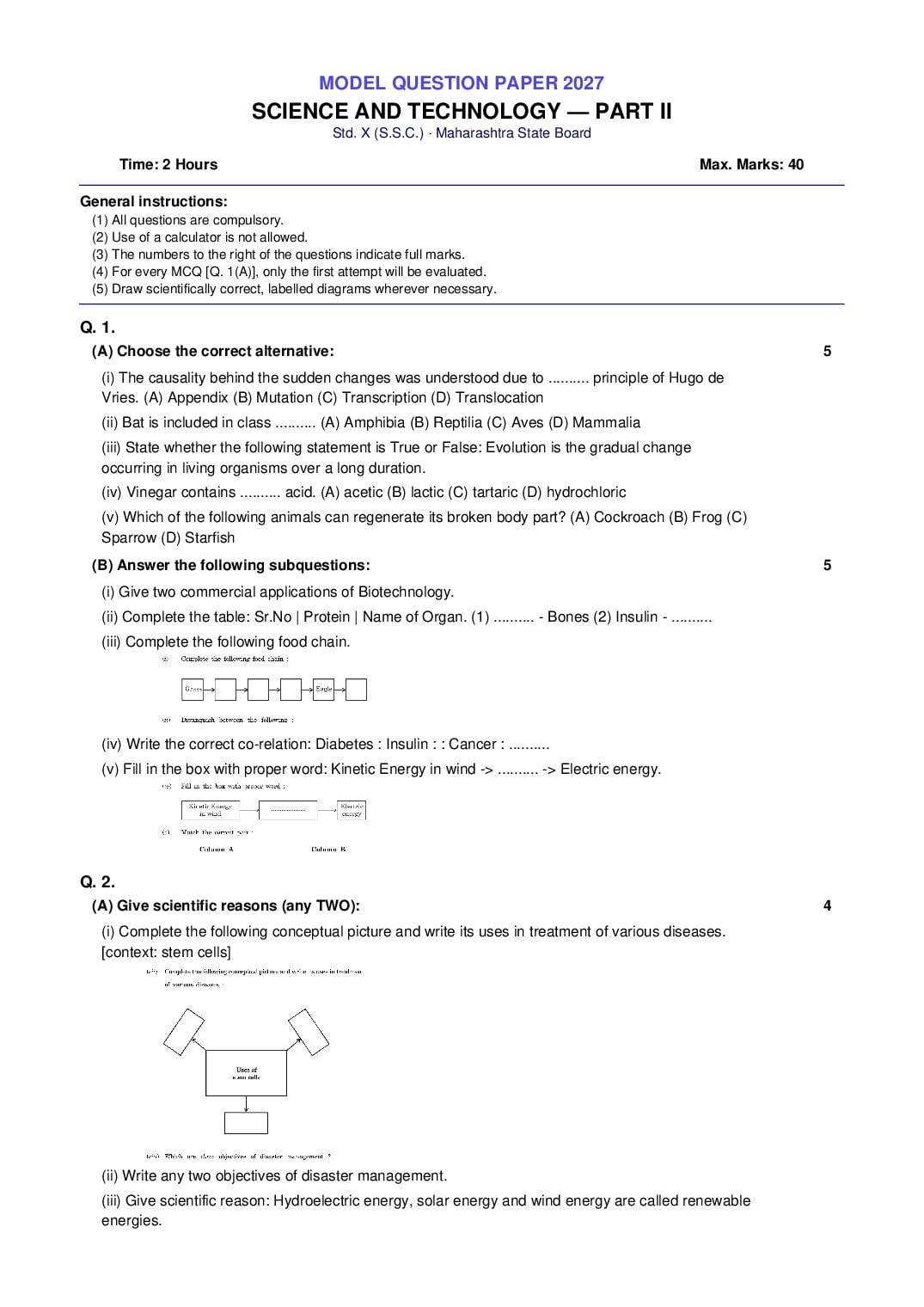 Maharashtra 10th Std Model Question Paper 2027 Science and Technology Part 2 - Page 1 of 3