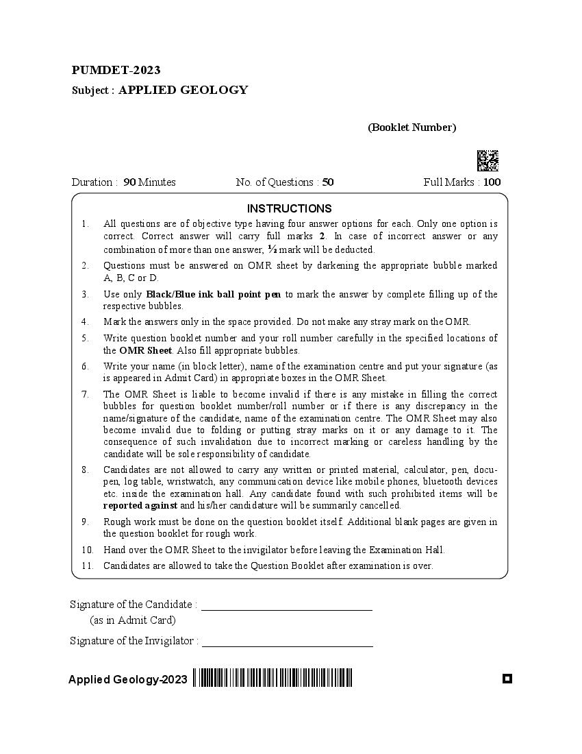 PUMDET 2023 Question Paper Applied Geology - Page 1