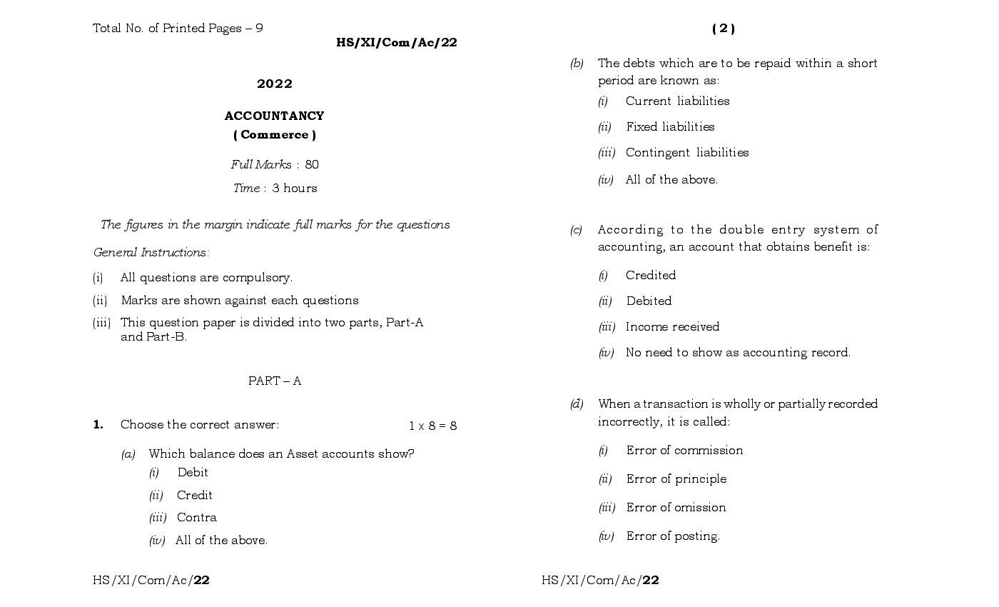 MBOSE Class 11 Question Paper 2022 for Accountancy - Page 1