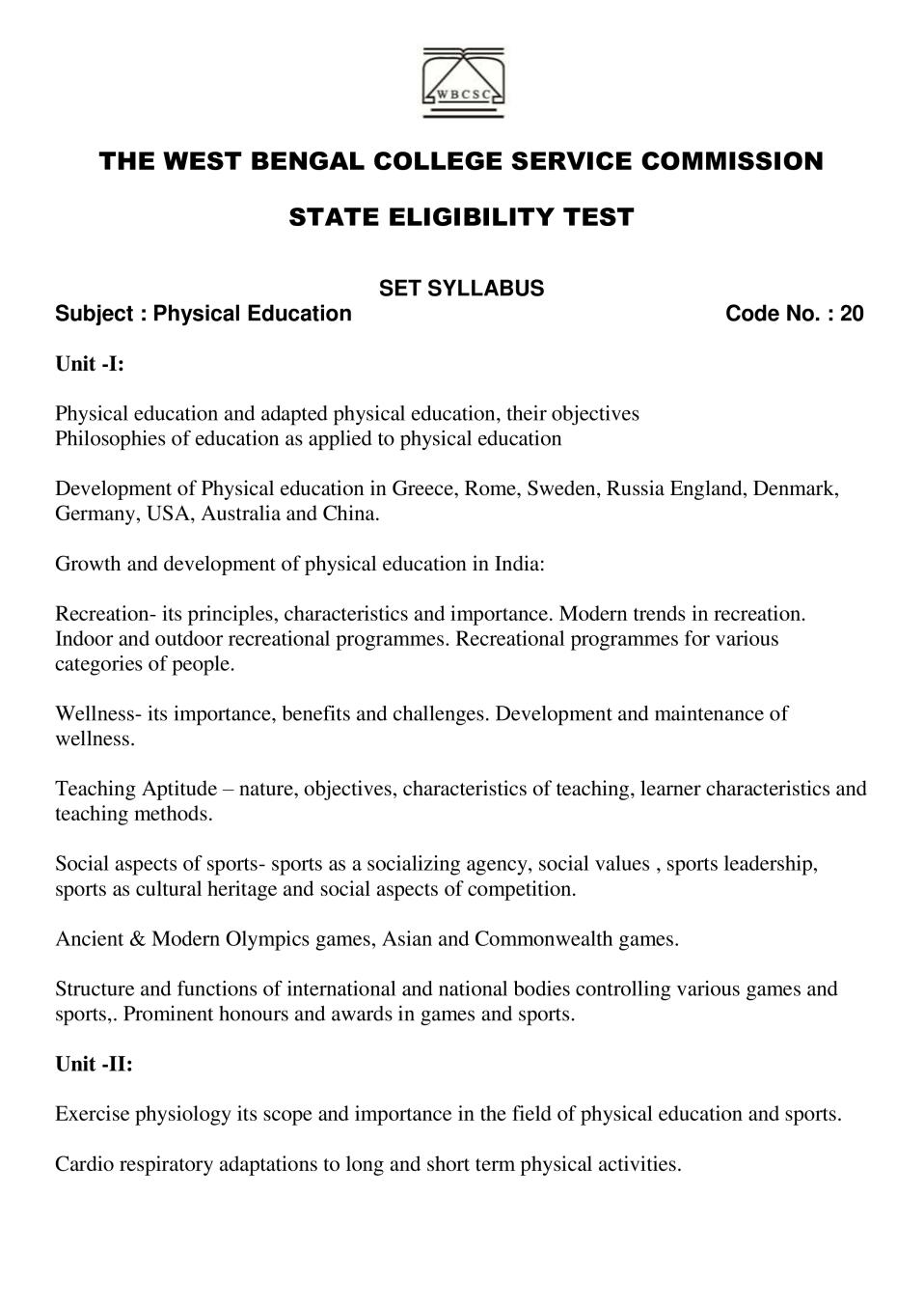 WB SET Syllabus for  Physical Education - Page 1