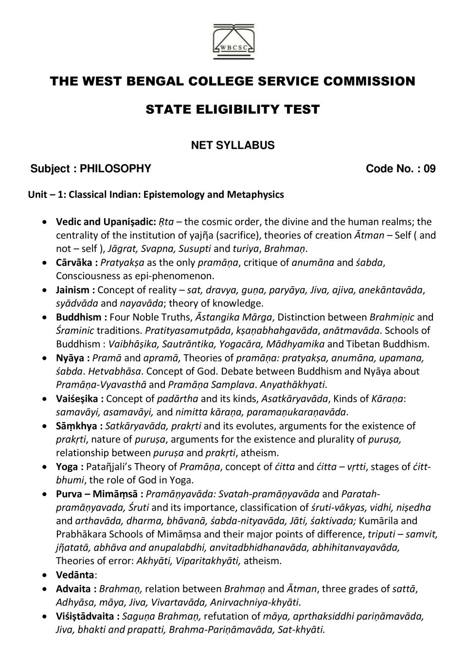 WB SET Syllabus for Philosophy - Page 1