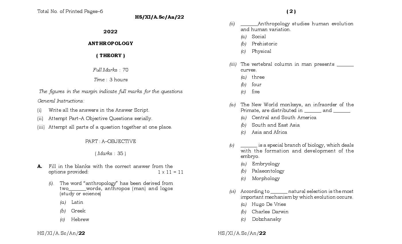 MBOSE Class 11 Question Paper 2022 for Anthropology - Page 1
