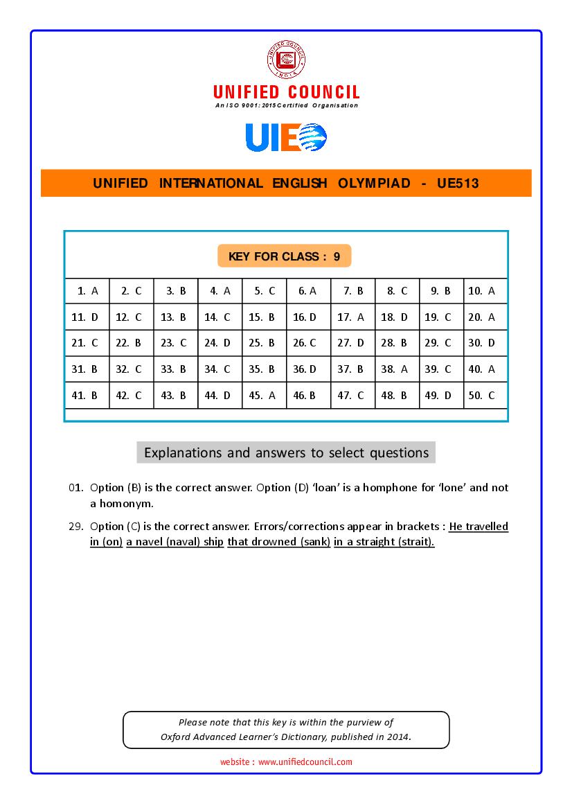 UIEO 2021 Answer Key for Class 9 Code-UE513 - Page 1