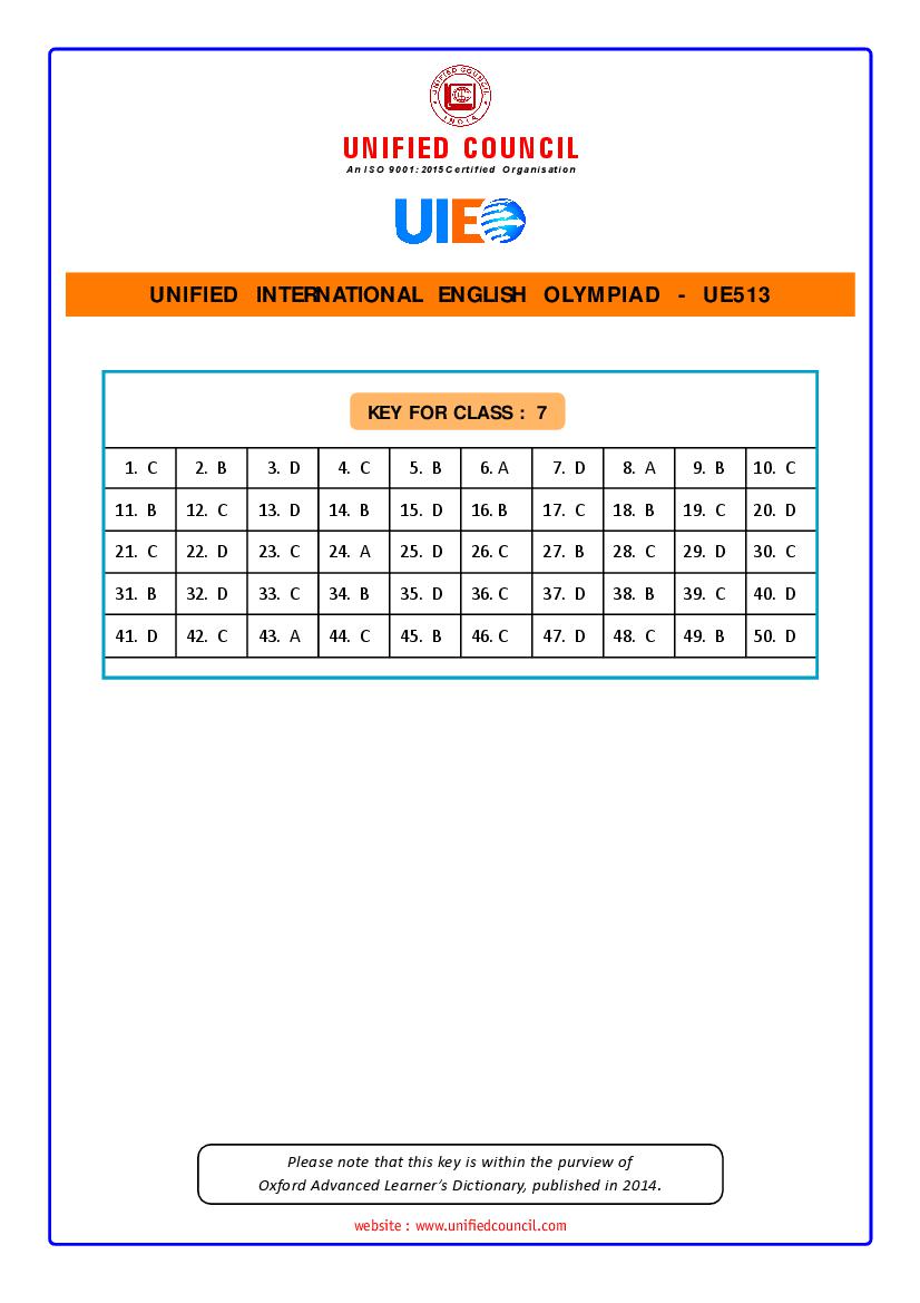 UIEO 2021 Answer Key for Class 7 Code-UE513 - Page 1