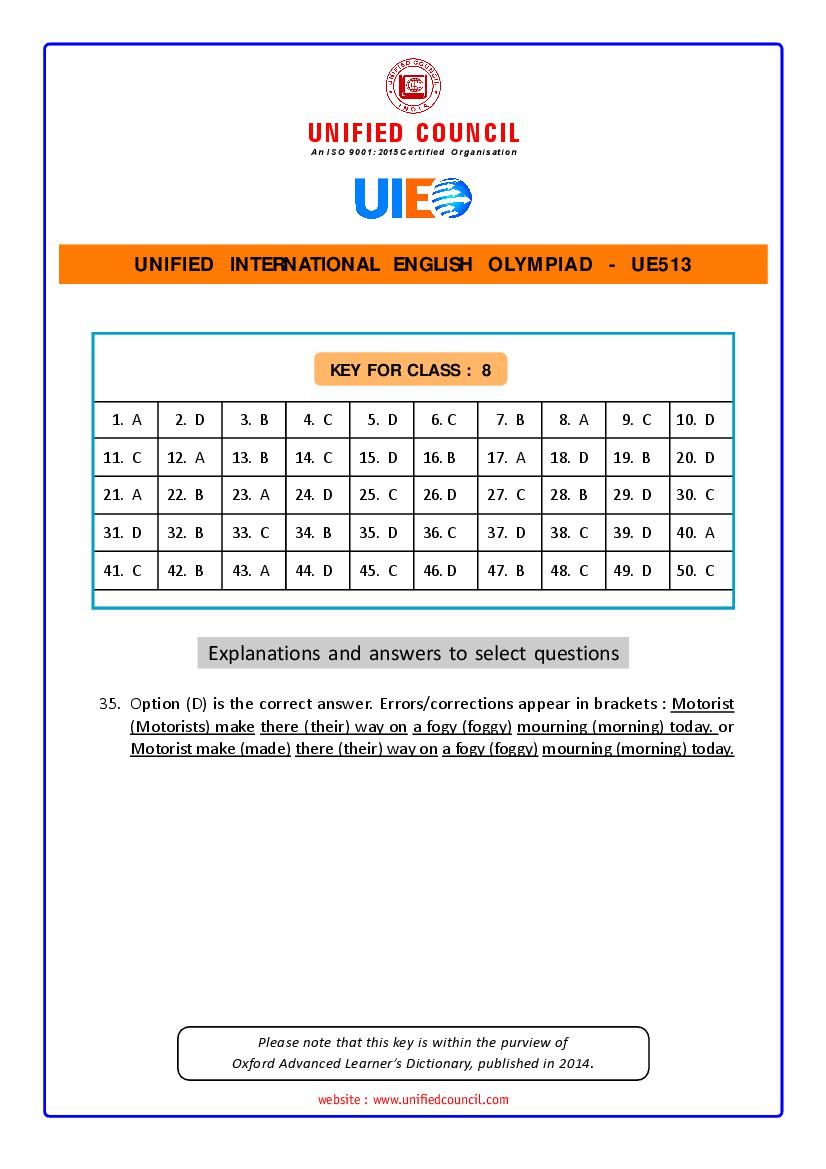UIEO 2021 Answer Key for Class 8 Code-UE513 - Page 1