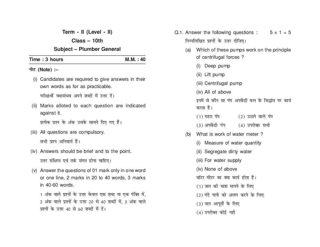 HP Board Class 10 Model Question Paper 2022 Plumber Term 2 - Page 1 of 3