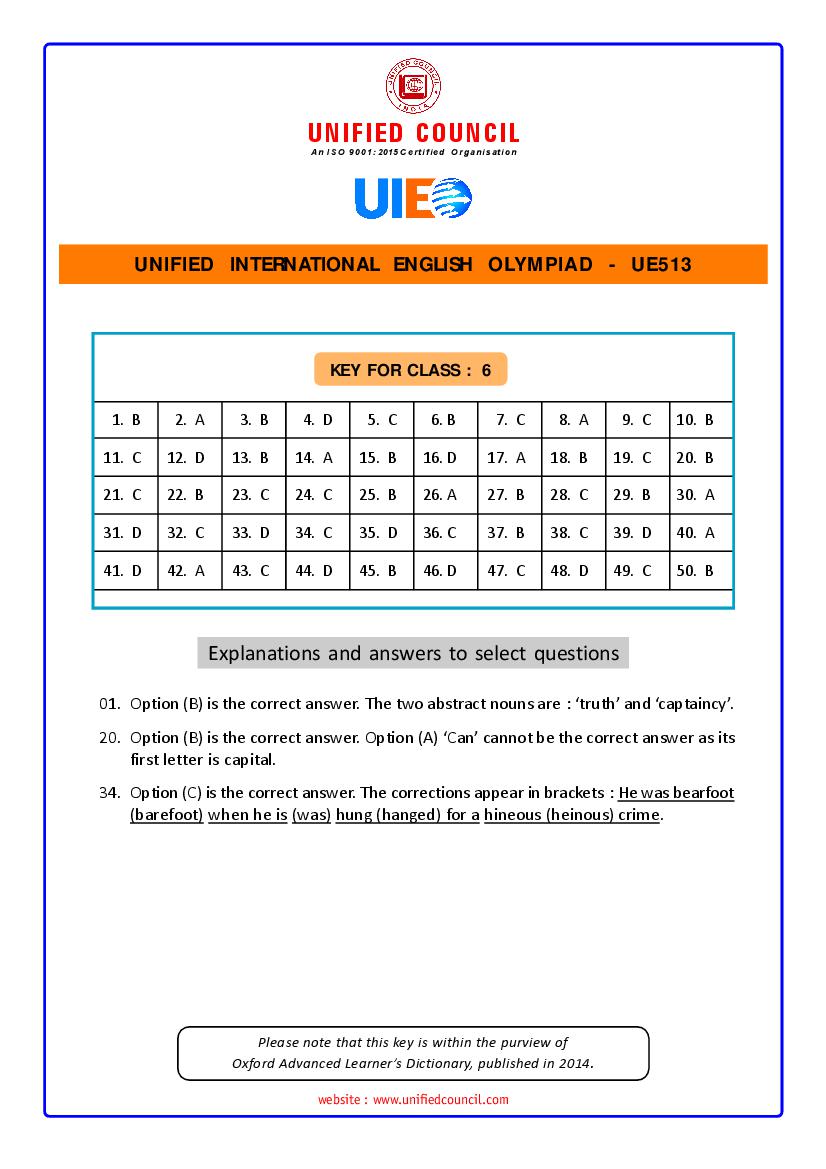 UIEO 2021 Answer Key for Class 6 Code-UE513 - Page 1