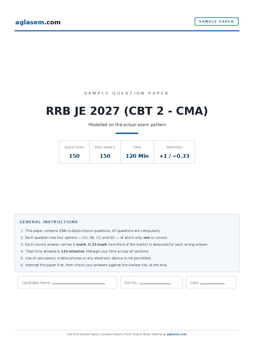 RRB JE 2027 Sample Paper (CBT 2 - CMA) - Page 1 of 19