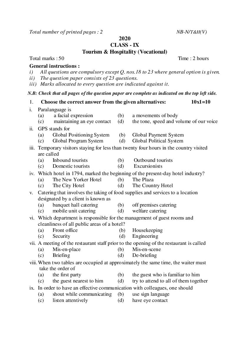 NBSE Class 9 Question Paper 2020 Tourism and Hospitality - Page 1