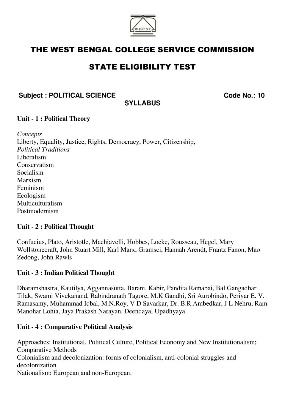 WB SET Syllabus for Political Science - Page 1