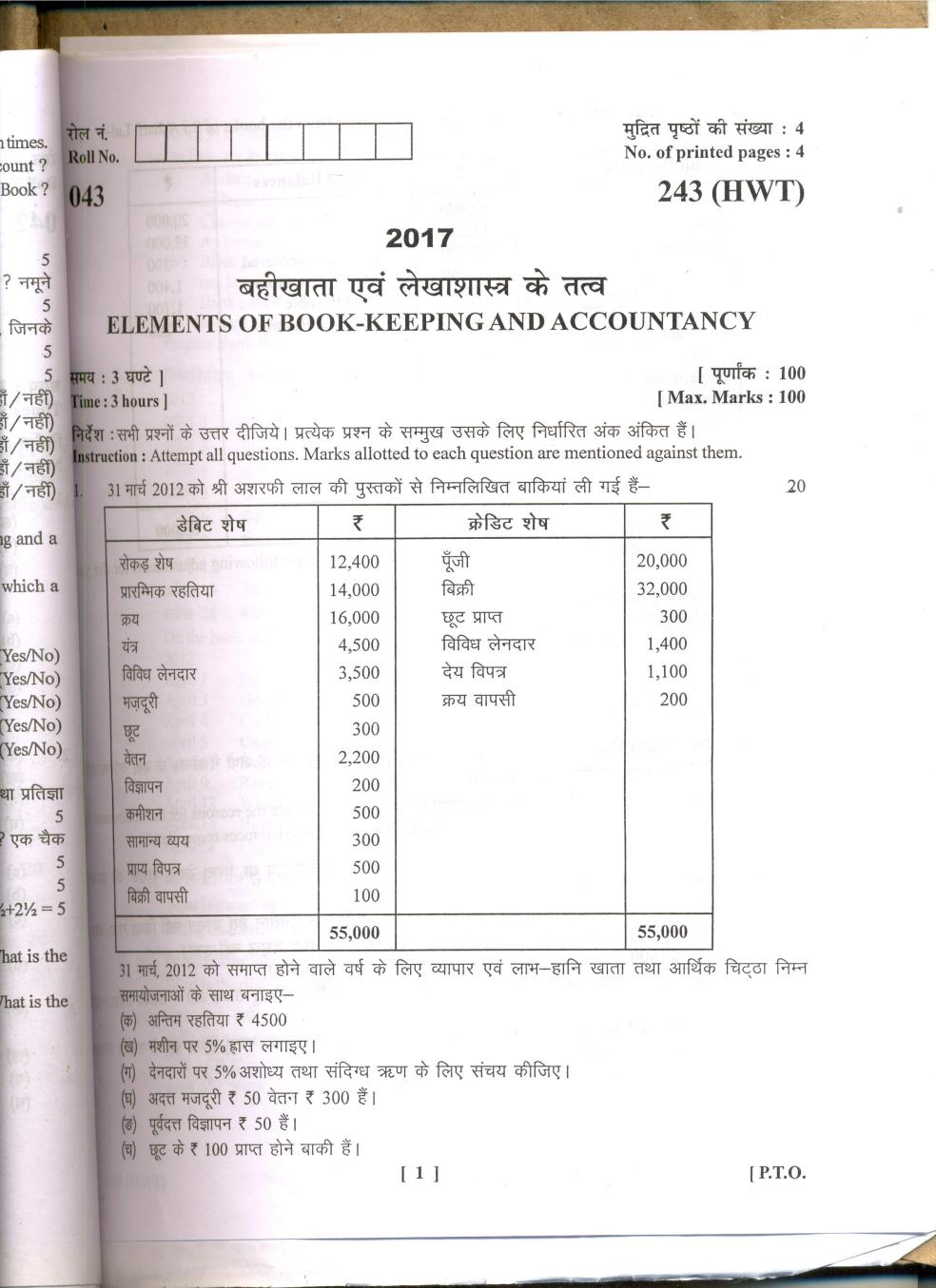 Uttarakhand Board Class 10 Question Paper 2017 for Accounts - Page 1