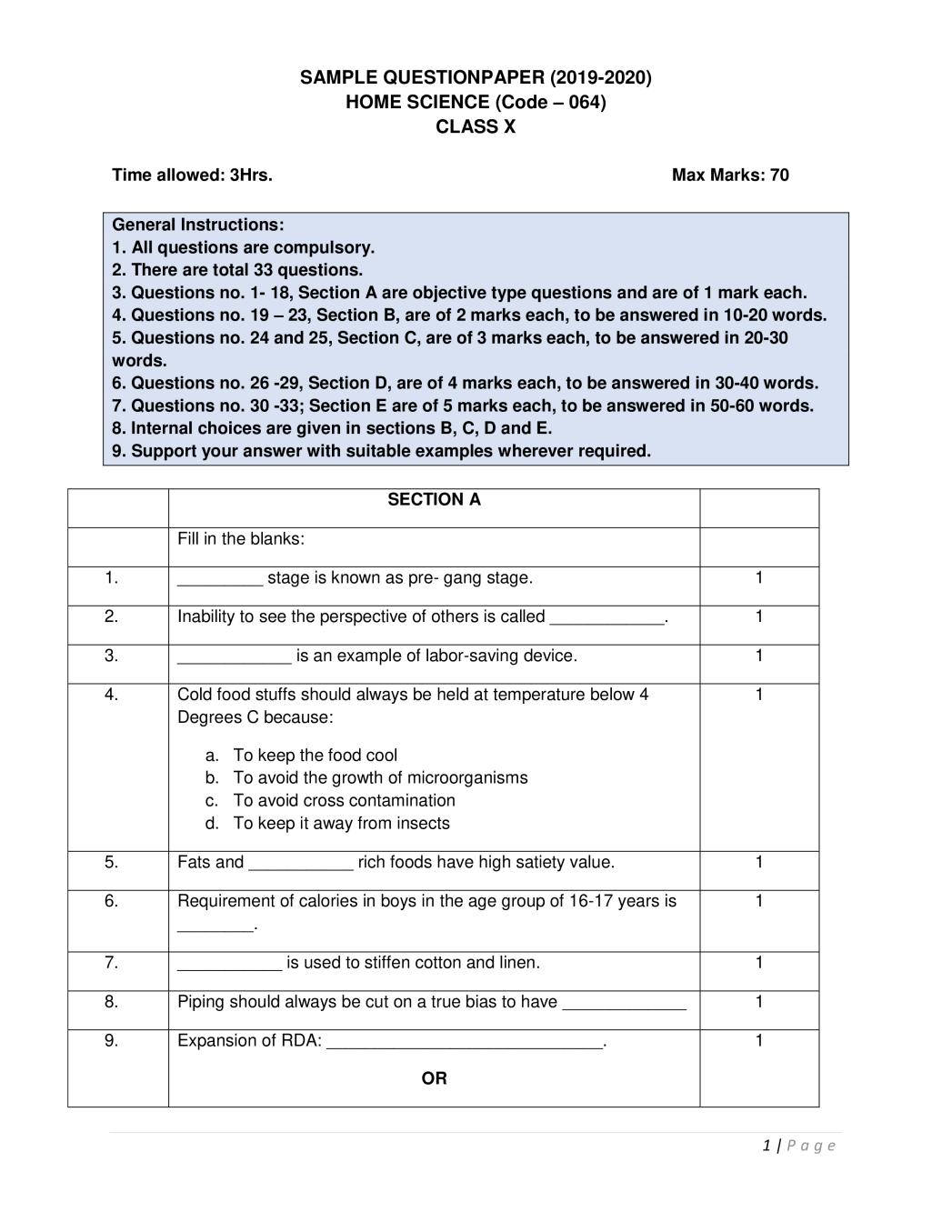 CBSE Class 10 Sample Paper 2020 For Home Science