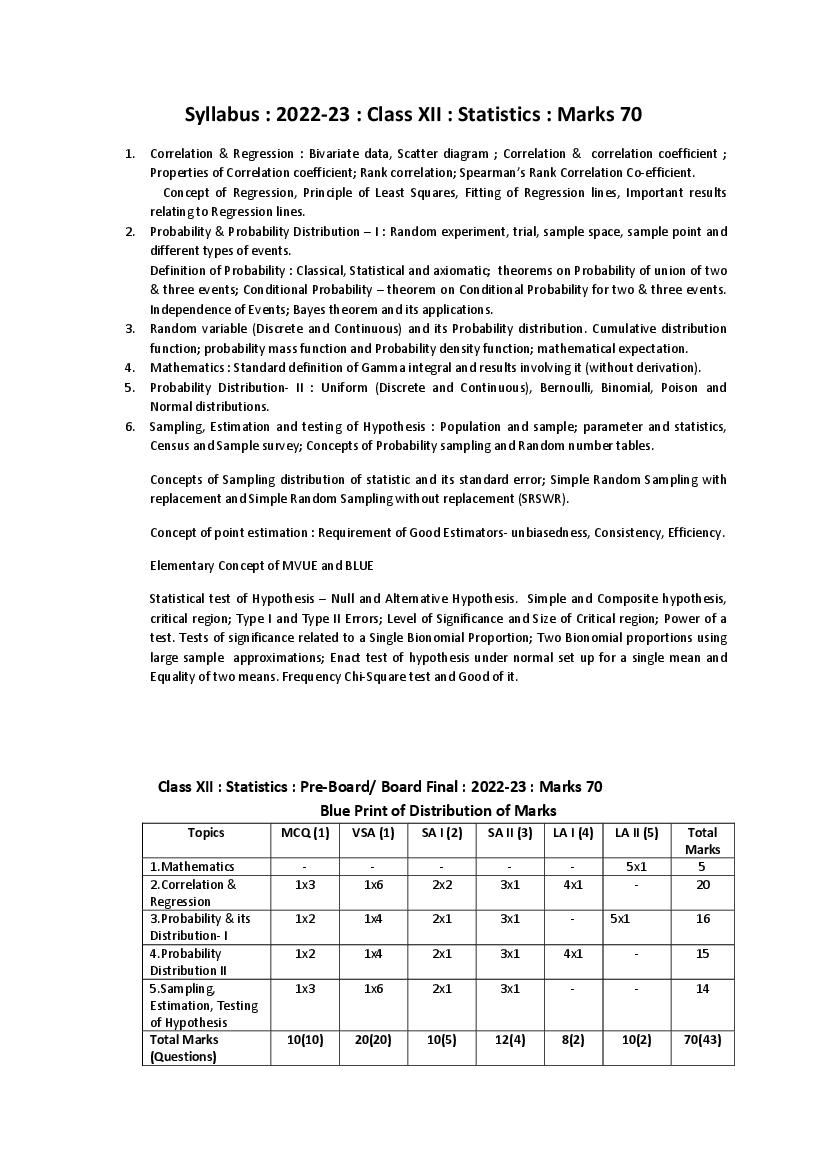 TBSE Class 12 Syllabus 2023 Statistics - Page 1