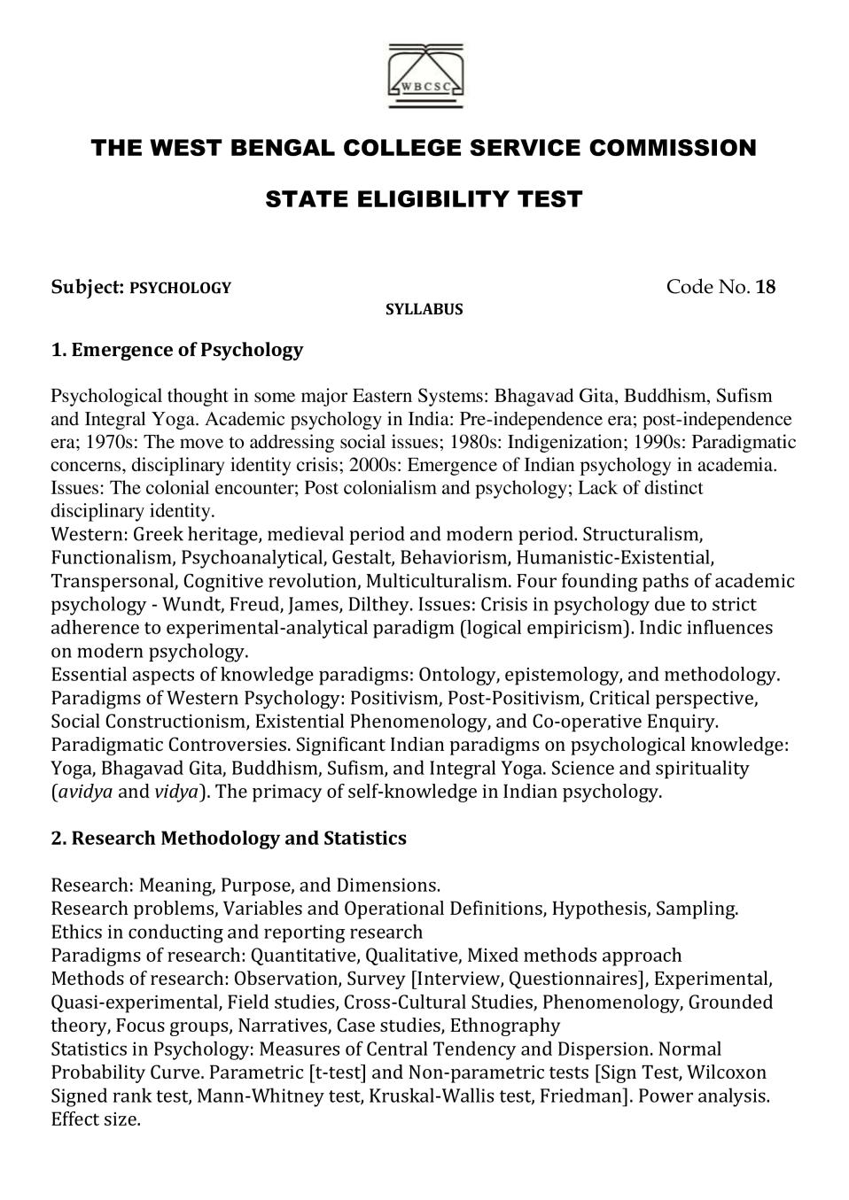 WB SET Syllabus for Psychology - Page 1