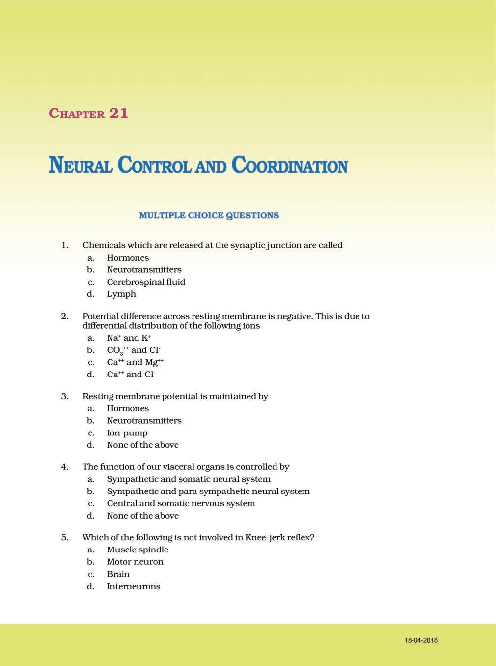 NCERT Exemplar Class 11 Biology chapter 21 Neural Control and Coordination - Page 1
