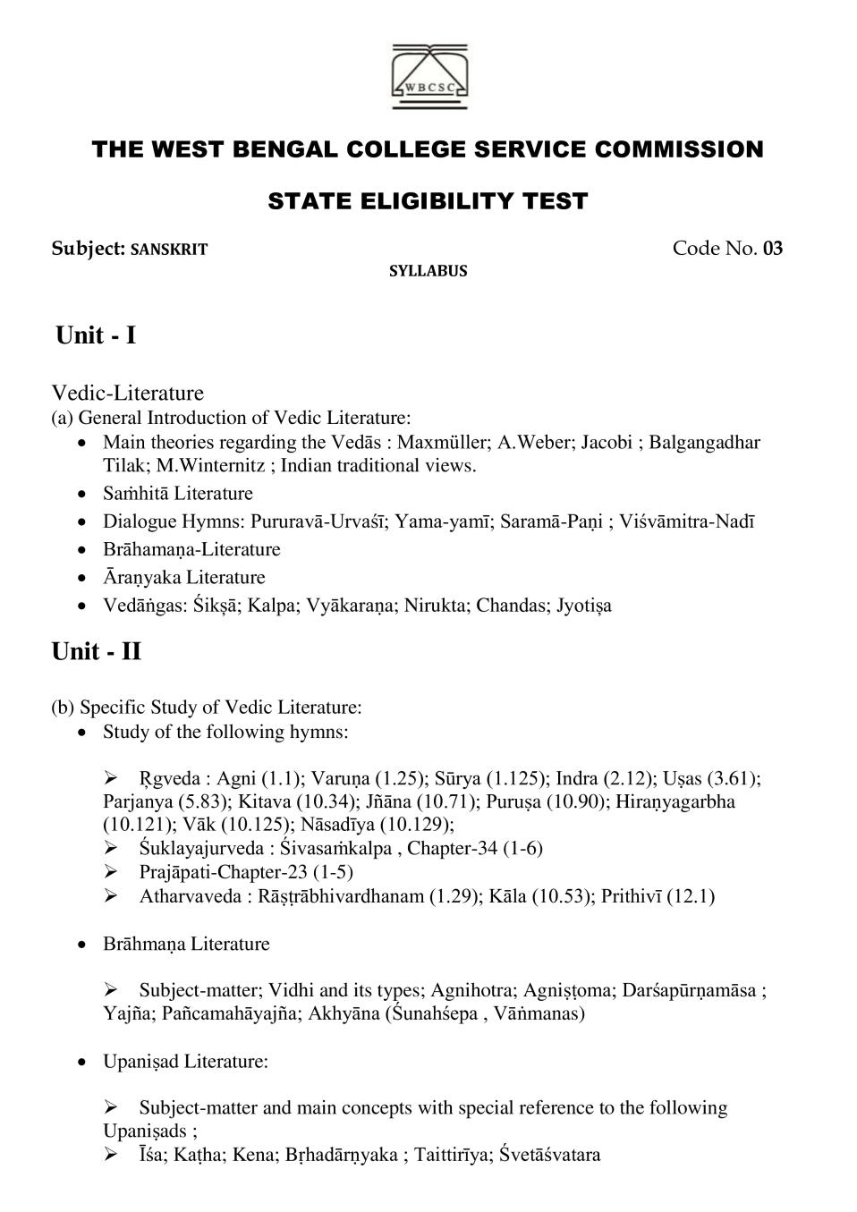 WB SET Syllabus for Sanskrit - Page 1