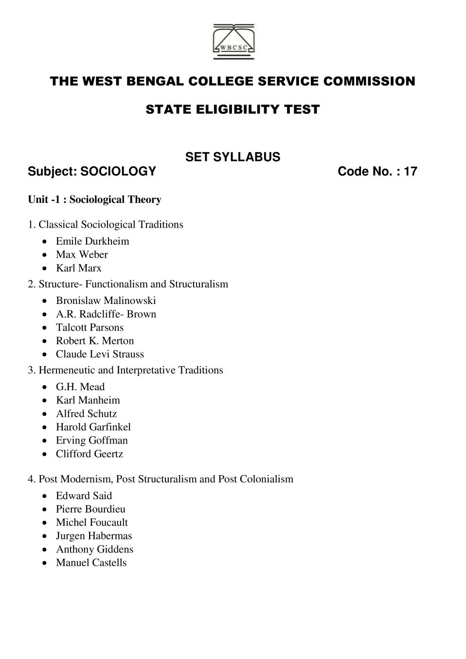 WB SET Syllabus for Sociology - Page 1