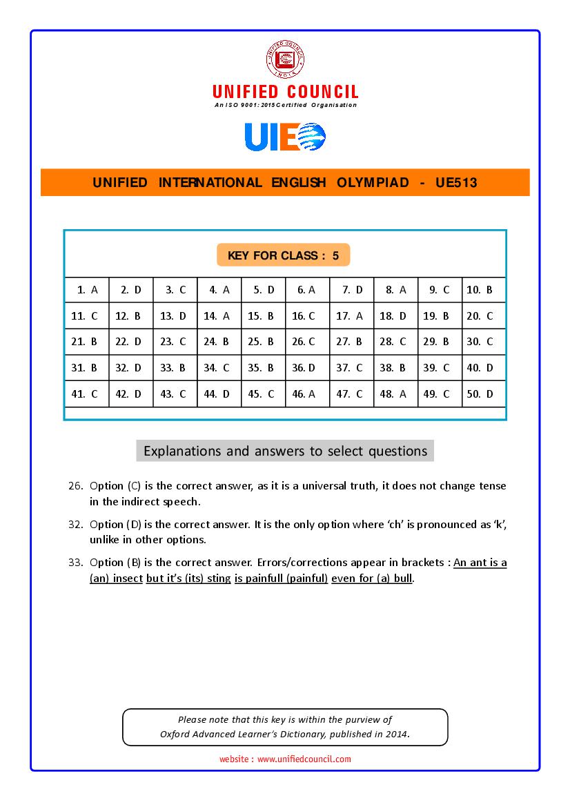 UIEO 2021 Answer Key for Class 5 Code-UE513 - Page 1