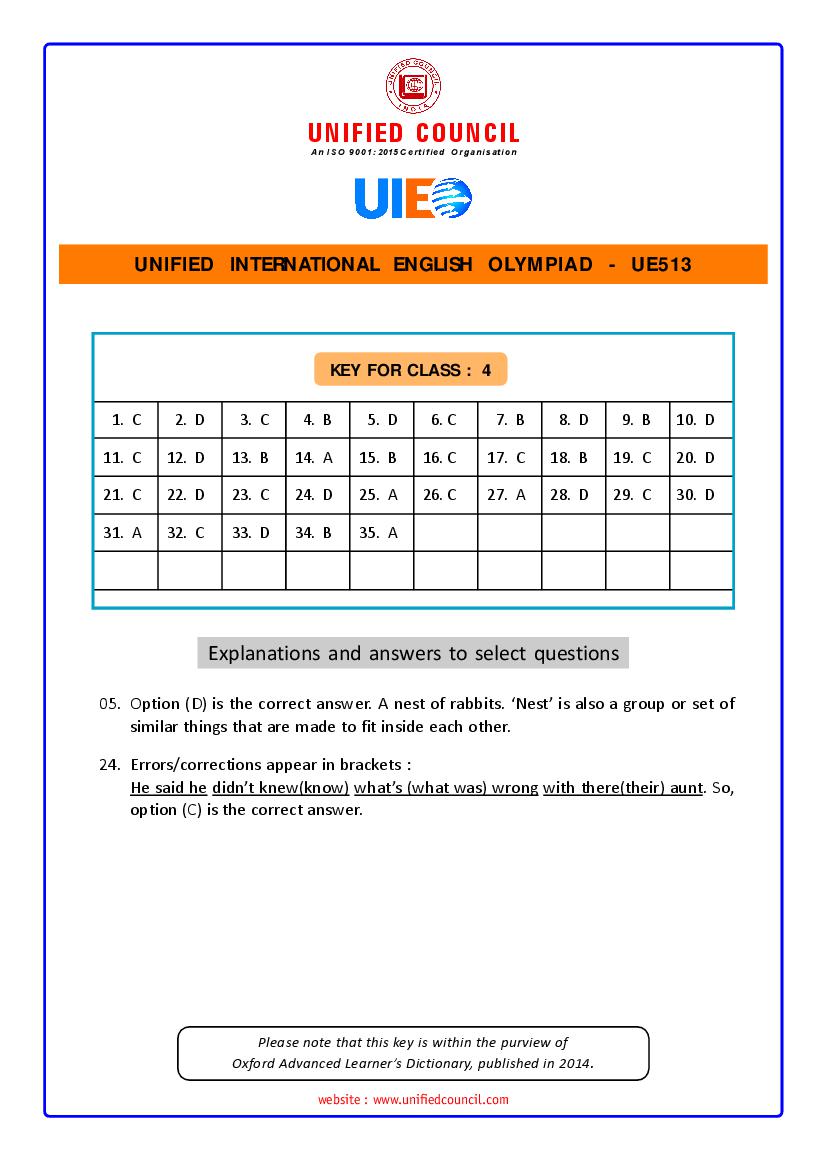 UIEO 2021 Answer Key for Class 4 Code-UE513 - Page 1