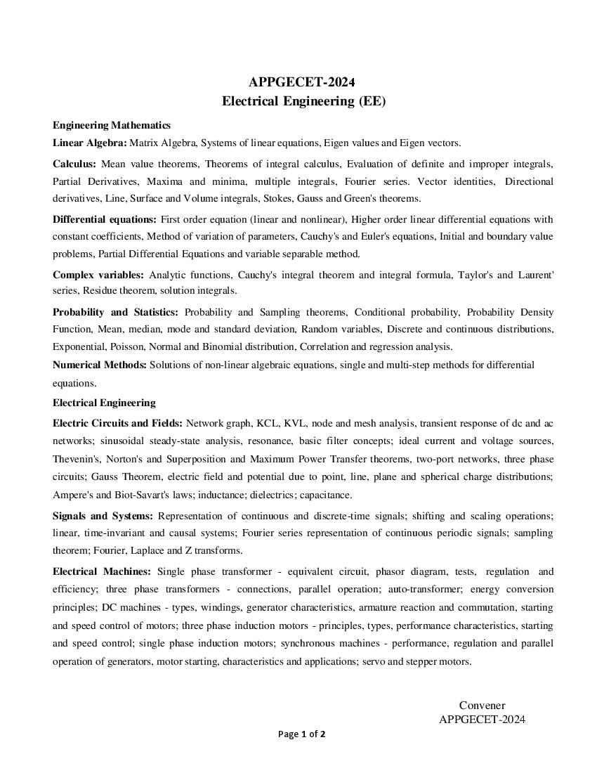 AP PGECET 2024 Syllabus Electrical Engineering - Page 1
