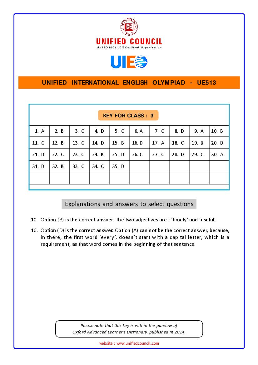 UIEO 2021 Answer Key for Class 3 Code-UE513 - Page 1