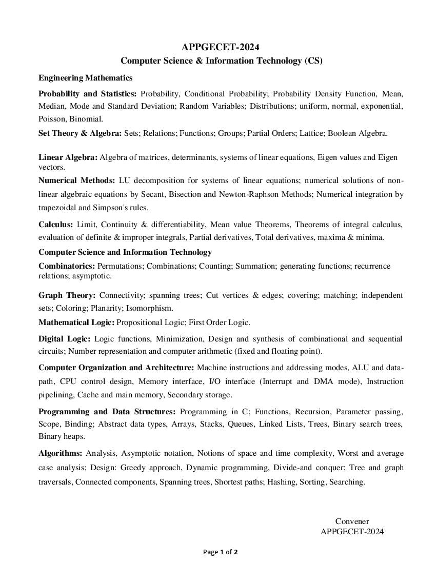 AP PGECET 2024 Syllabus Computer Science & Information Technology - Page 1