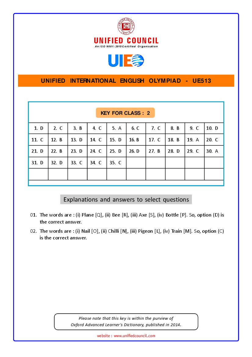 UIEO 2021 Answer Key for Class 2 Code-UE513 - Page 1