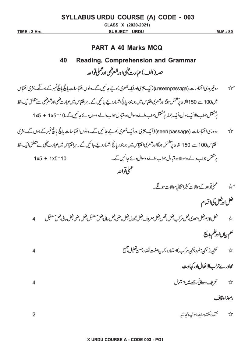 CBSE Class 10 Urdu A Syllabus 2020-21 - Page 1